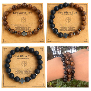 Pulsera Religiosa Hecha a Mano con Cuentas de Hematita, Pulsera de Piedra Esmerilada <span class=keywords><strong>para</strong></span> Hombre, Pulsera de Madera con Cruz, Pulsera <span class=keywords><strong>Cristiana</strong></span>, Regalos - Product Image 1