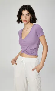 Cross Nude Feeling T-shirt V Neck Custom Logo Crop Top T-shirt Ribbed Short Sleeve Yoga Tops Sports T Shirt Women