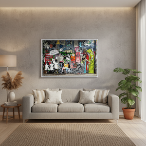 Flat Printed <b>Canvas</b> Artwork: Abstract Graffiti Banksy Style Design,WHITE <b>FRAMED</b> <b>CANVAS</b> - Product Image 3