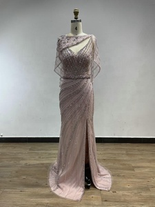 DKN0322B Vestido de Noche de Lujo Azul y Rosa Estilo Sirena con Cuentas y Cristales, Elegante Vestido de Fiesta con Capa y Abertura Alta para Invitadas de Boda - Product Image 6