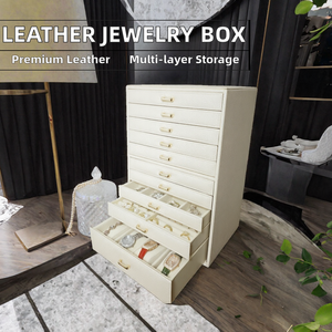 Large <b>Leather</b> <b>Jewelry</b> Cabinet, Multi Compartment Storage Organizer for Rings Watches Necklaces Earring Display <b>box</b> - Product Image 2