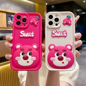 귀여운 판지 3D 딸기 곰 부드러운 실리콘 전화 케이스 아이폰 15 14 13 12 11 프로 최대