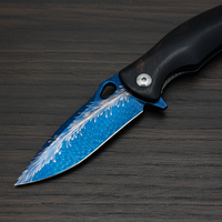 Couteau pliant tactique avancé en alliage de titane avec manche en bois de fer du désert 15N20, finition en plumes bleues torréfiées, pour camping, bricolage, OEM, cuir de vachette