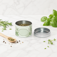 Boîte en étain ronde hermétique de qualité alimentaire 50g/100g/150g/200g pour épices, avec couvercle argenté uni, personnalisable avec logo, pour herbes séchées