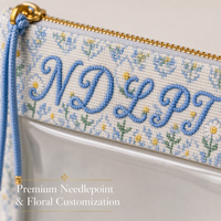 Pochette de rangement pour projets de broderie Jumbo 14x16 avec motif floral bleu marguerite, pour le rangement de fournitures de broderie de luxe cousues à la main et imperméables