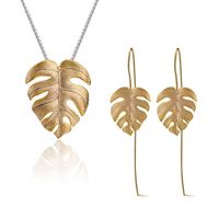 Lotus Fun fait à la main en argent Sterling 925 plaqué or 18 carats feuille de Monstera pendentif chaîne collier boucle d'oreille bague ensemble de bijoux pour femmes