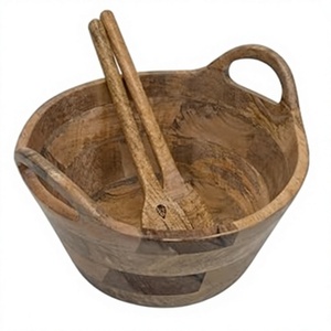 Bol de service en bois fait main avec poignées et cuillères, design en bois naturel, pour servir les aliments, décoration intérieure, bol en bois pour la cuisine - Product Image 1