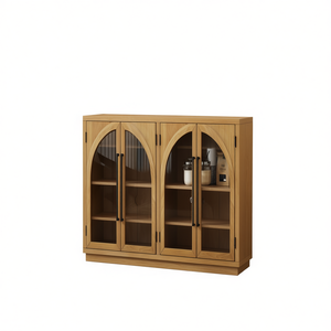 Aparador grande de 4 puertas con estantes ajustables y puertas de vidrio de madera natural para cocina, comedor o sala de estar - Product Image 1