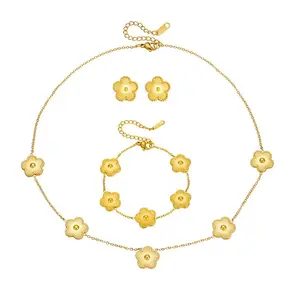Nouvelle mode 3 pièces/ensemble plaqué or 18K en acier inoxydable Six fleurs boucle d'oreille Bracelet collier ensemble de bijoux pour femmes Non ternir