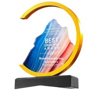 Trophée en cristal en forme de sommet de montagne et de croissant de lune, impression couleur, forme créative, cadeau d'entreprise pour réunion annuelle, récompense
