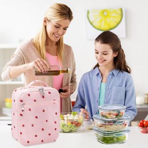 Portable pour rose velours côtelé dames sacs à lunch écologique fermeture éclair Durable pour pique-nique nourriture en plein air fait velours côtelé fraise impression - Product Image 6