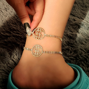 Bracelet de cheville hip Hop plaqué or 18k, chaîne de jambe, strass scintillant, signe Dollar, diamant - Product Image 1