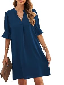 Elegante Vestido Azul Marino con Cuello en V, Mangas con Volantes y Corte Holgado, Ideal para Looks Casuales de Día y Estilo de Noche - Product Image 5
