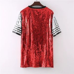 Vendita calda magliette estive da donna con Figure a strisce di colore rosso Glitter con paillettes Oversize top lunghi da donna maglietta sportiva personalizzata della squadra - Product Image 5