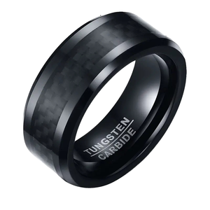 Anillo de boda moderno para hombre de carburo de tungsteno negro con incrustaciones geométricas de fibra de carbono - Product Image 1
