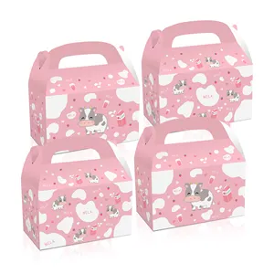 HUANCAI Pink Cow Themed Party Treat Boxes Cake Goodies Kraft Paper Gift box for Kids Birthday Party Decorations