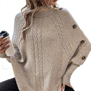 Pull de style nouveau, vêtements pour femmes, motif de mode personnalisable, design ample personnalisé, col roulé, bouton, manches chauve-souris - Product Image 2