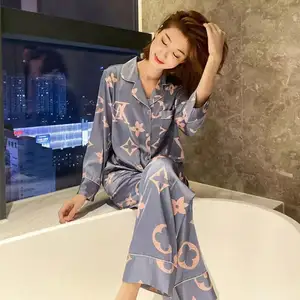 YHYT丝缎睡衣套装女印花长袖睡衣睡衣套装女居家服两件套休闲服Pjs加大码