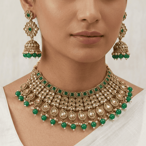 Elegant Kundan Antique Gold Plated Green Emerald <b>Rope</b> <b>Chain</b> Choker Necklace Set Matching Earrings Maang Tikka Engagement Wear - Product Image 3