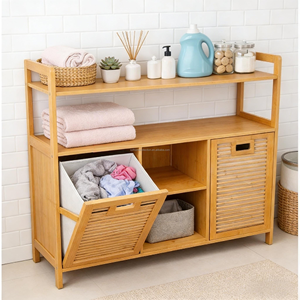 Panier à linge moderne en bambou avec étagères, armoire de rangement, paniers amovibles, facile à assembler - Product Image 1