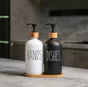 Flaconi <span class=keywords><strong>in</strong></span> <span class=keywords><strong>Vetro</strong></span> Neri da 500ML per Sapone <span class=keywords><strong>Liquido</strong></span>, Dispenser Rotondo per Schiuma, Shampoo, Gel Doccia con Pompa a Pressione - Product Image 2