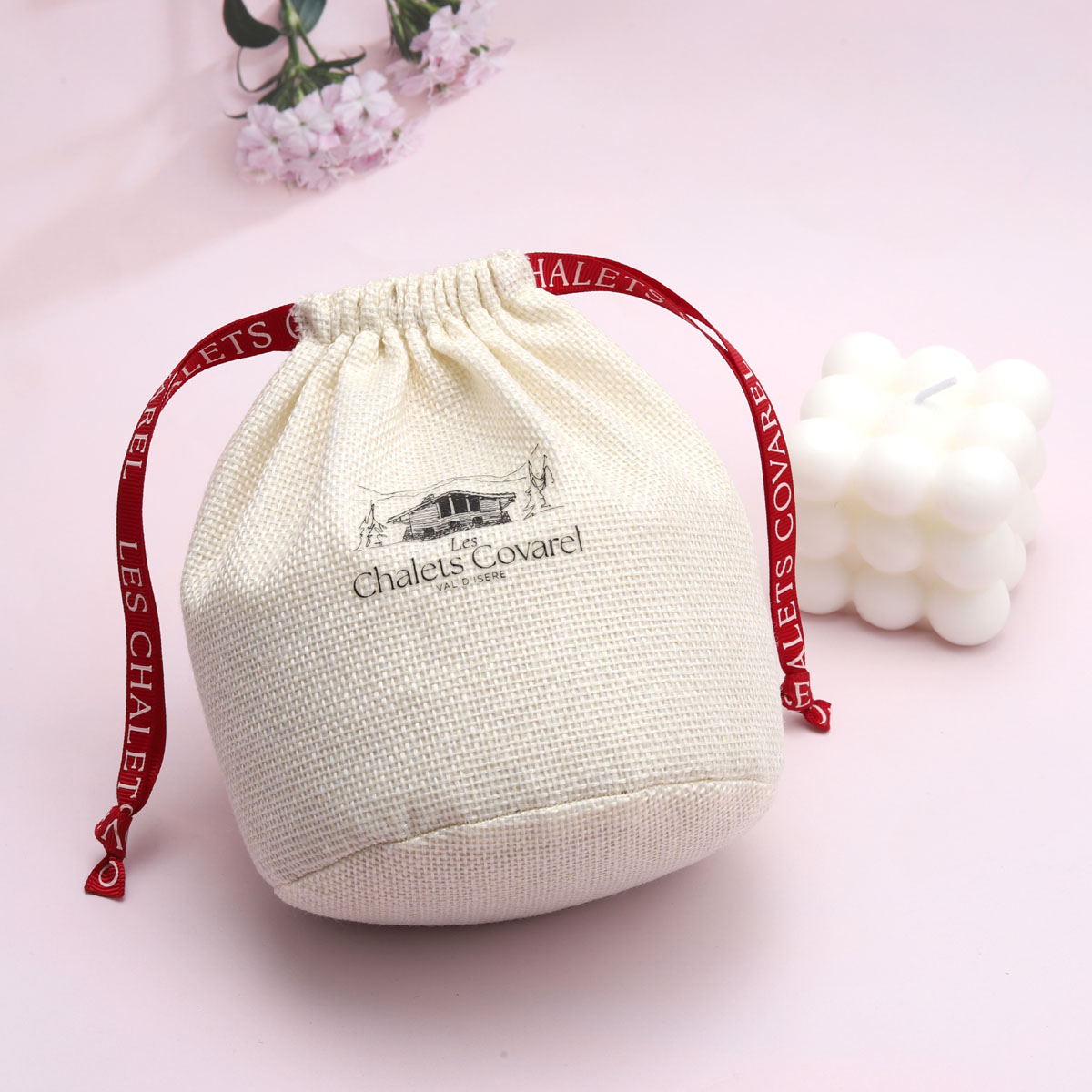 Organic Square Bottom Jute Candle Chocolate Pouch detail