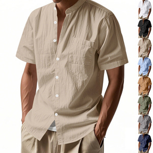 <span class=keywords><strong>Chemise</strong></span> d'été décontractée pour homme en lin, coupe ample, couleur unie, col montant, manches courtes, idéale pour la plage - Product Image 1