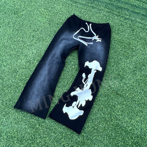Pantalones de chándal acampanados con cinturón y cordón con estampado de lavado ácido Vintage de estilo callejero de diseño de fabricante para hombre - Product Image 4