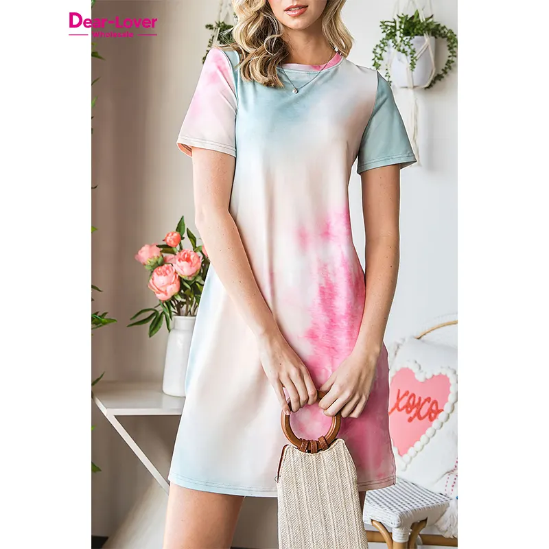 Dear-Lover Western Clothing Women's O Neck Tie Dye Oversized Tee Shirt Dress