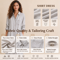 Robe chemise en lin gris clair OEM en gros, taille nouée, manches retroussées, longueur midi, vêtements d'été décontractés pour femmes