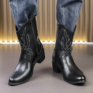Bottes en cuir pour homme, style décontracté, bottes de chevalier vintage brodées, bottes de cowboy western à bout pointu, bottes pour hommes - Product Image 5