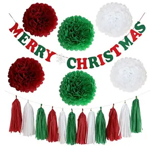 圣诞快乐横幅流苏彩旗花球圣诞纸扇绒球圣诞派对背景装饰用品