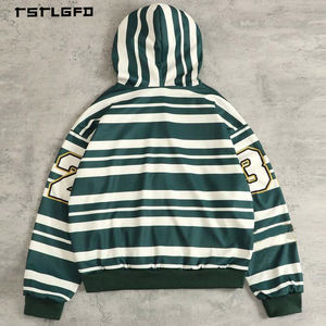 Sweat à capuche zippé vert rayé Y2K personnalisé avec imprimé Saint en strass et ourlet élastique pour les marques de streetwear en marque blanche - Product Image 4