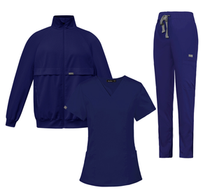 Set Medico OEM Elasticizzato in 4 Direzioni con Giacca, Top con Scollo a V e Pantaloni, Uniforme per Ospedali e Cliniche - Product Image 1