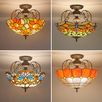 Lampe de restaurant rétro américaine Tiffany, style européen, verre coloré, salon de thé, chambre à coucher, bar français, luminaire suspendu au plafond LED en fer