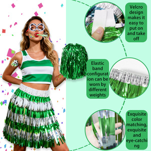 Jupe de cheerleading pour femme, verte, argentée, métallique, à franges et pompons, <span class=keywords><strong>avec</strong></span> taille élastique à scratch, pour le sport et les costumes de fête - Vente en gros - Product Image 2