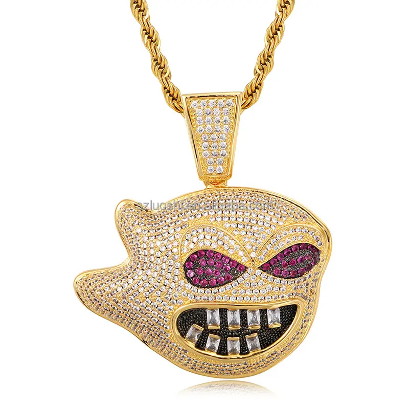 Trendy Miami Rock Men Hip Hop Jewelry Iced Out Cubic Zirconia Cuban Rope Gold Plated Ghost Shark Cartoon Animal Pendant Necklace