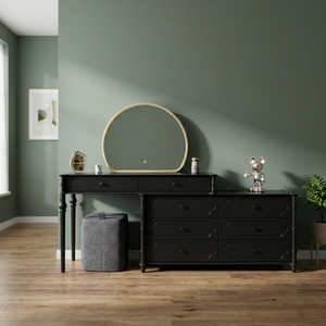 Modern <b>Black</b> Wood Makeup <b>Vanity</b> <b>Table</b> with Round Mirror and Storage Drawers for Bedroom Furniture - Product Image 2