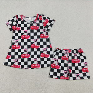 Sibling Baby Girls Black Checked Cherry Tunic Short <b>Clothes</b> Set Strap Bummies Rompers - Product Image 4