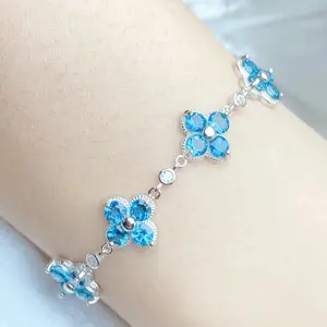 New 925 Silver Natural London Blue Topaz Four-Leaf Clover Bracelet Fine Jewelry Bangle