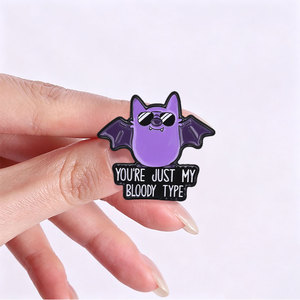 Spilla smaltata viola con pipistrello e occhiali da sole, broccia 'You're Just My Bloody Type' per decorazione zaino - Product Image 2