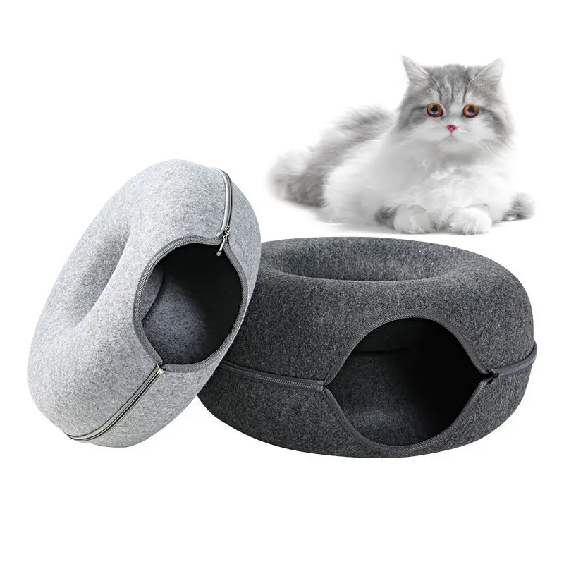 Hard Felt 50cm 60cm Indoor Cat Nest House Donut Shape Pet Tunnel Cave Bed With Zipper For Cats