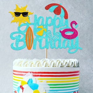1 pièce Décoration de gâteau Joyeux <span class=keywords><strong>Anniversaire</strong></span> thème Plage d'été avec boule à paillettes et parapluie soleil pour Baby Shower et Fête d'<span class=keywords><strong>anniversaire</strong></span> - Product Image 4