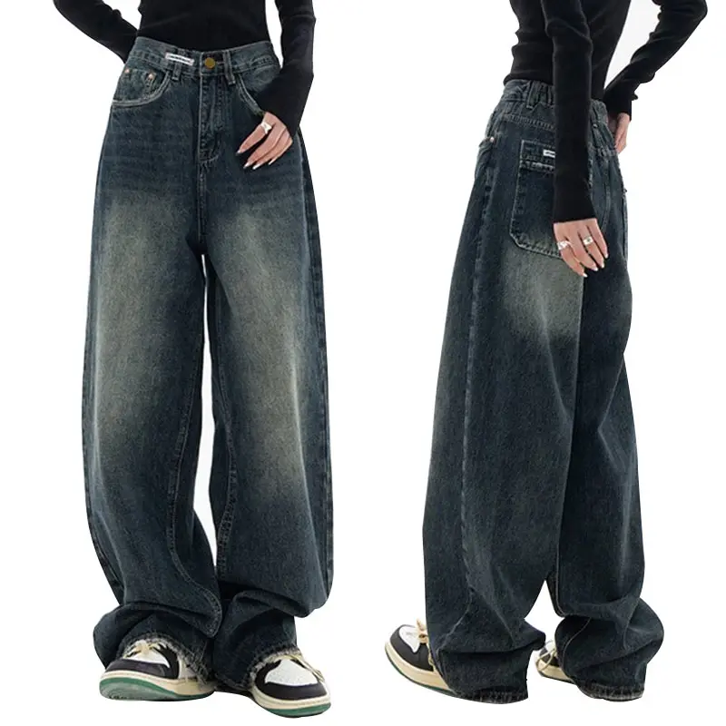 Factory New Fashion Distressed Hem OEM Custom High Quality Boyfriends Dark Wash Vintage Women Baggy Jeans