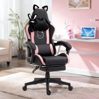 Chaise de Gamer Ergonomique en Cuir PU Rose, Personnalisable avec Logo Brodé, Design Chat, Mousse à Mémoire Extensible, Massage, pour Bureau