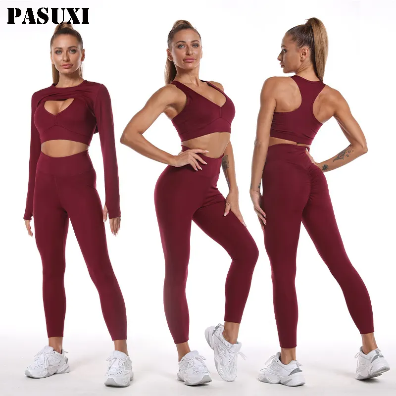PASUXI — vêtements d'entraînement pour femmes, ensemble de 5 pièces, personnalisée, manches longues, de Yoga, côtelés, avec veste, de gymnastique, sans couture, vêtements actifs