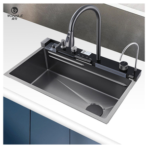 Évier <span class=keywords><strong>de</strong></span> <span class=keywords><strong>cuisine</strong></span> rectangulaire en acier inoxydable fait à la main, noir, design moderne nano, 5 trous, <span class=keywords><strong>installation</strong></span> intelligente sur comptoir - Product Image 6