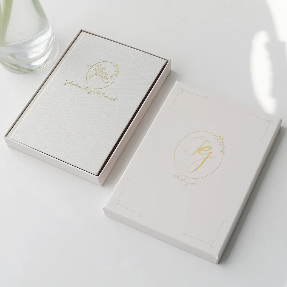 Capa de linho para impressão de diário, logotipo personalizado, capa dura, caderno auto-reflexo em branco A5 Esthes, caixa de presente com embalagem