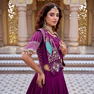 Designer Royal Wine Printed Lehenga Choli with Embroidered <b>Jacket</b> Set | Festive Wear Traditional Navratri & <b>Wedding</b> Garba Chan - Product Image 6