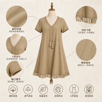 Robe Décontractée Femme Col V en Coton 200 GSM, Manches Courtes Unies, Coupe Évasée, Ourlet à Franges, Fluide et Doux, Personnalisable avec Logo OEM ODM, Tailles XS-5XL, Vente en Gros
